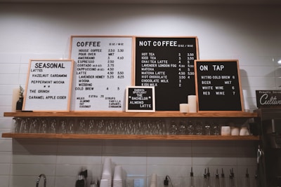 brown and white menu board