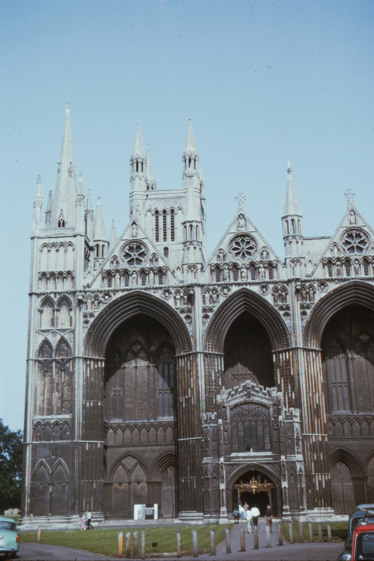 Peterborough Cathedral exterior under a blue sky in the centre of Peterborough