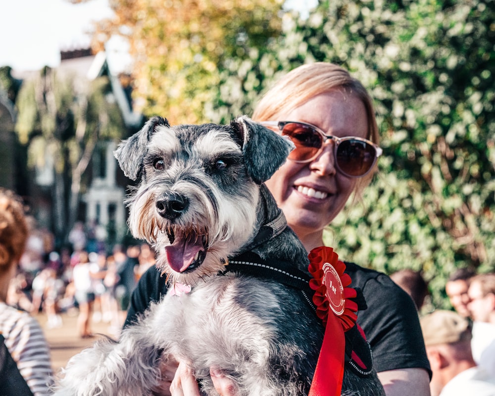 Femme en chemise rouge portant un schnauzer miniature noir et blanc