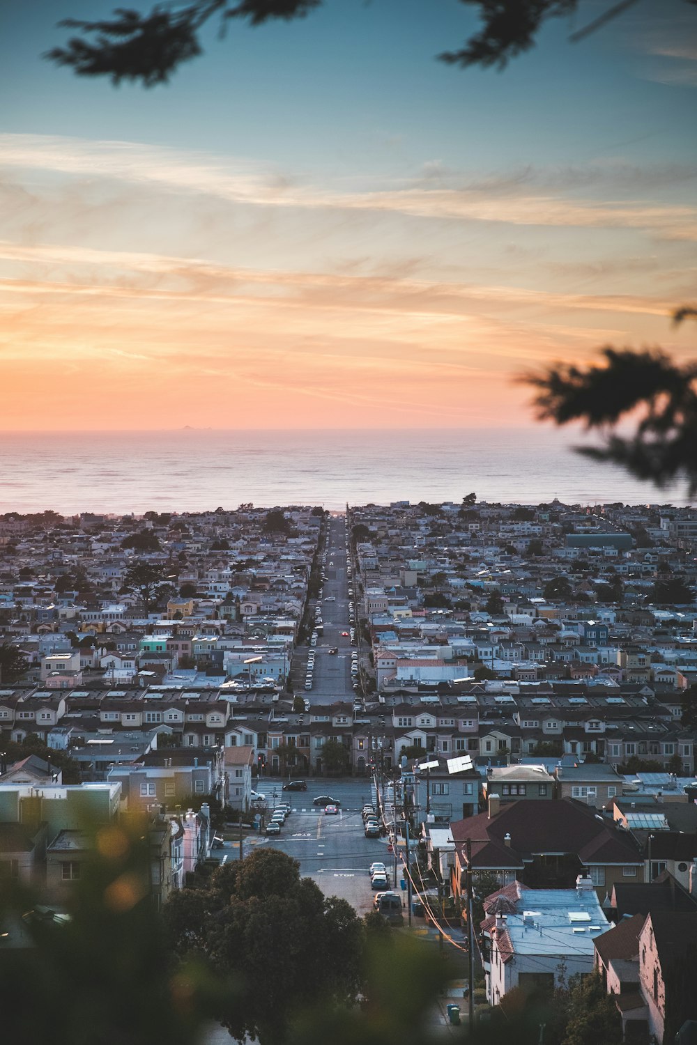 aerial view of city buildings during sunset