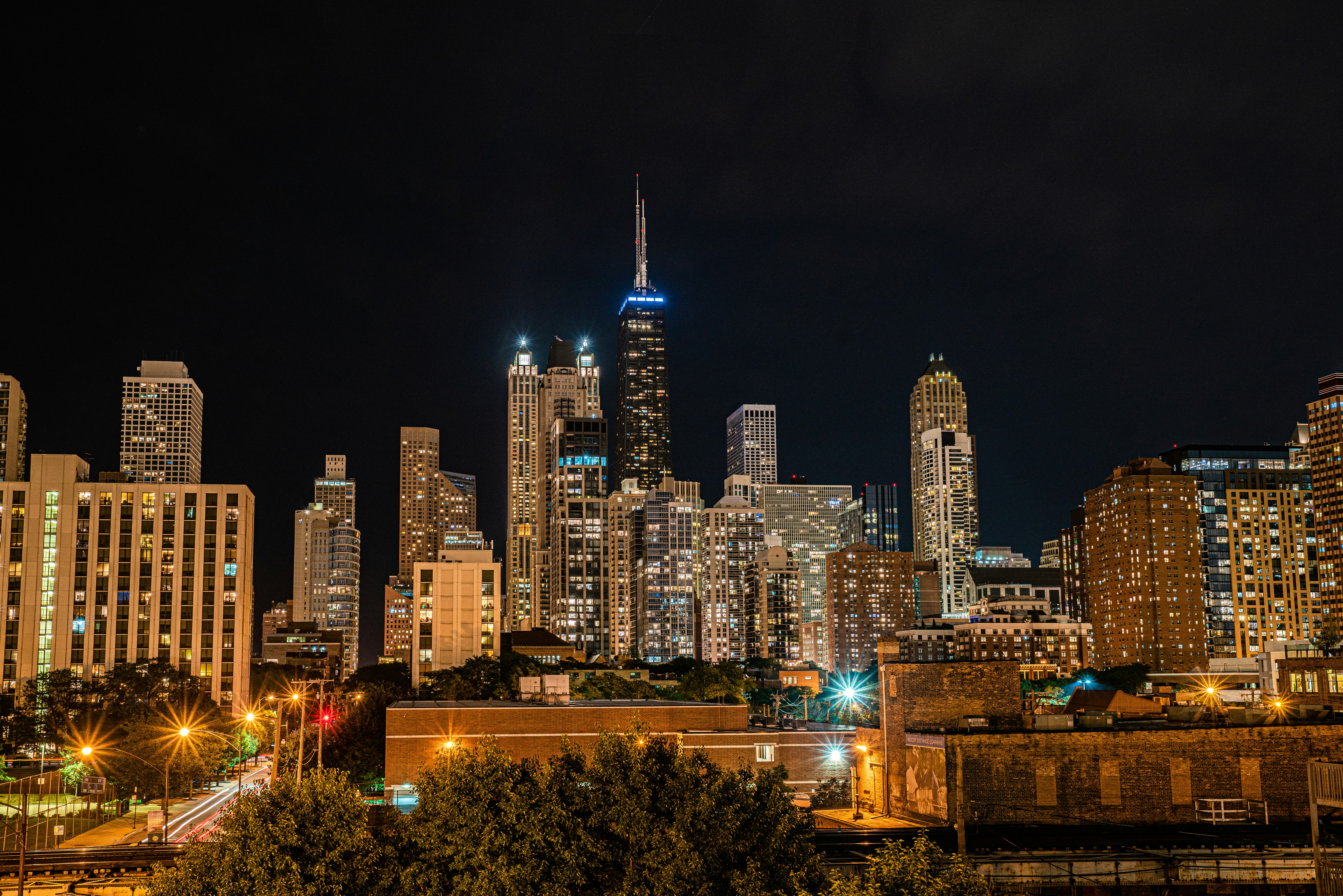 city skyline during night time