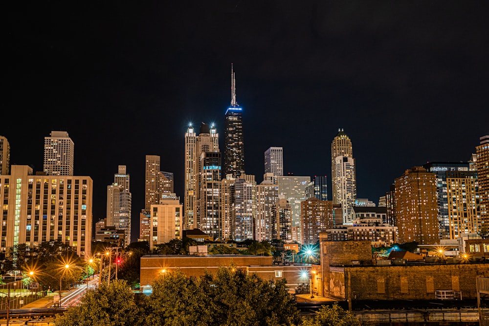 city skyline during night time