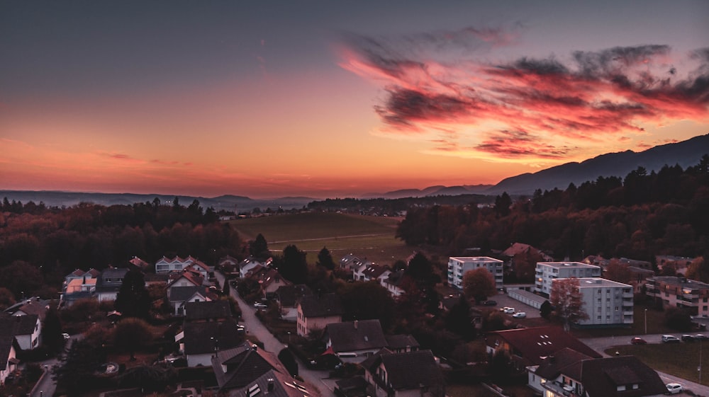 aerial view of city during sunset