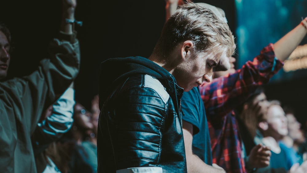 man in black leather jacket