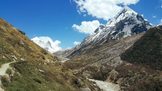 Panoramic shot of snow-capped peaks and a clear blue sky over a trekking path.