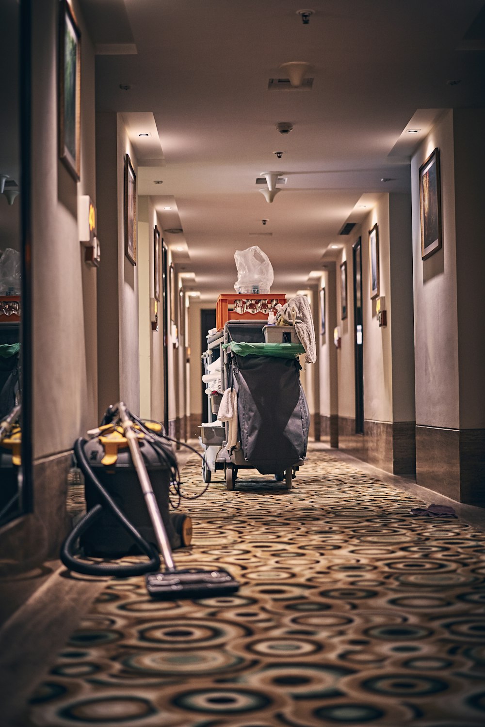 black and gray stroller on hallway