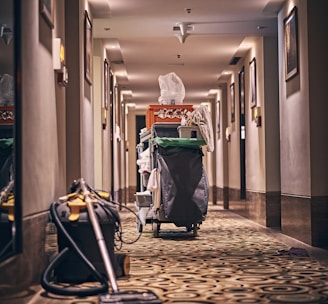 black and gray stroller on hallway