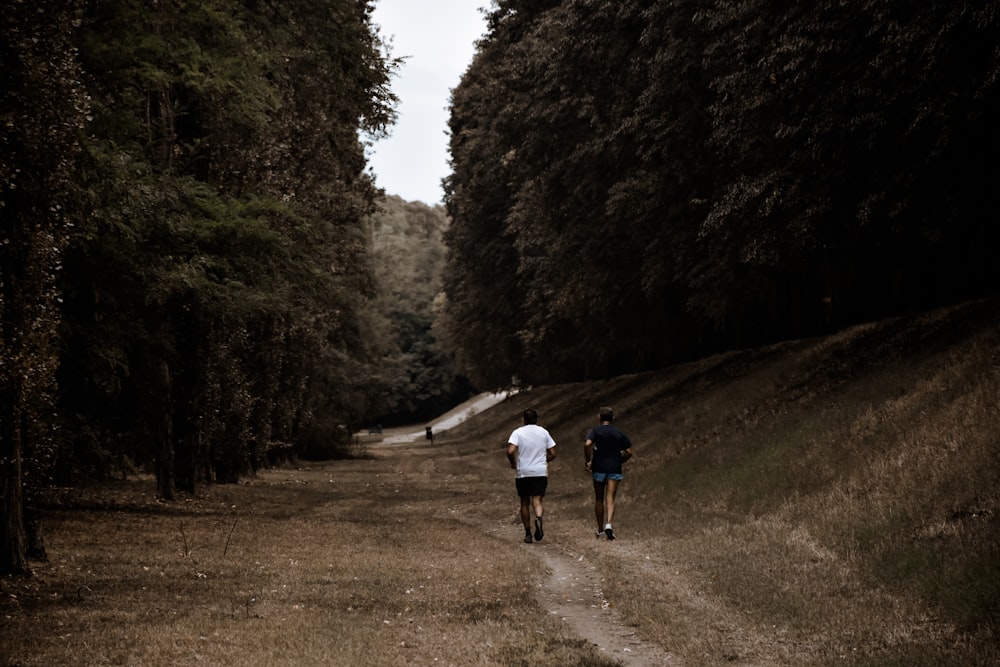 2 person walking on dirt road between trees during daytime