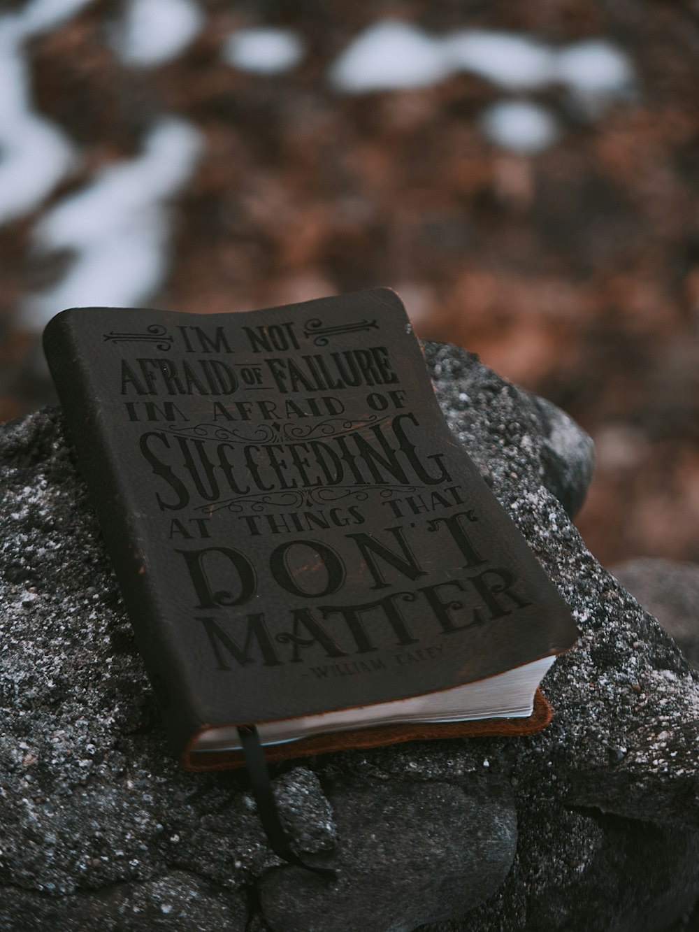 black and brown wooden quote board on black and white stone