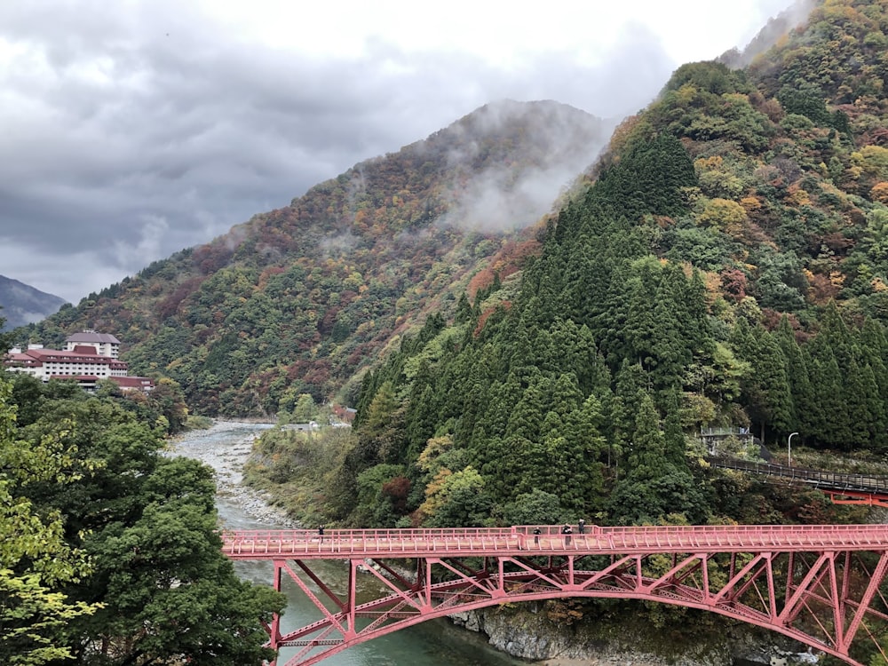 red metal bridge over river