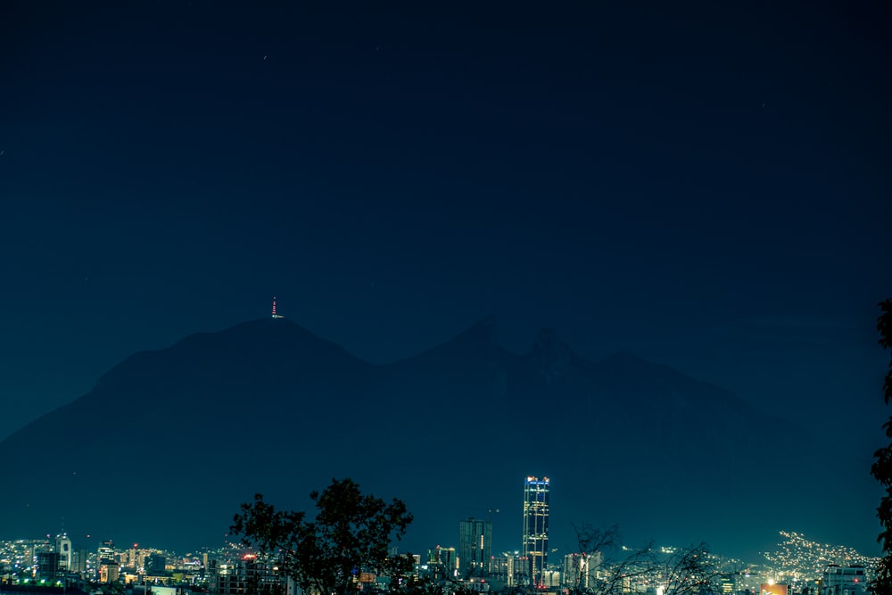 city skyline during night time