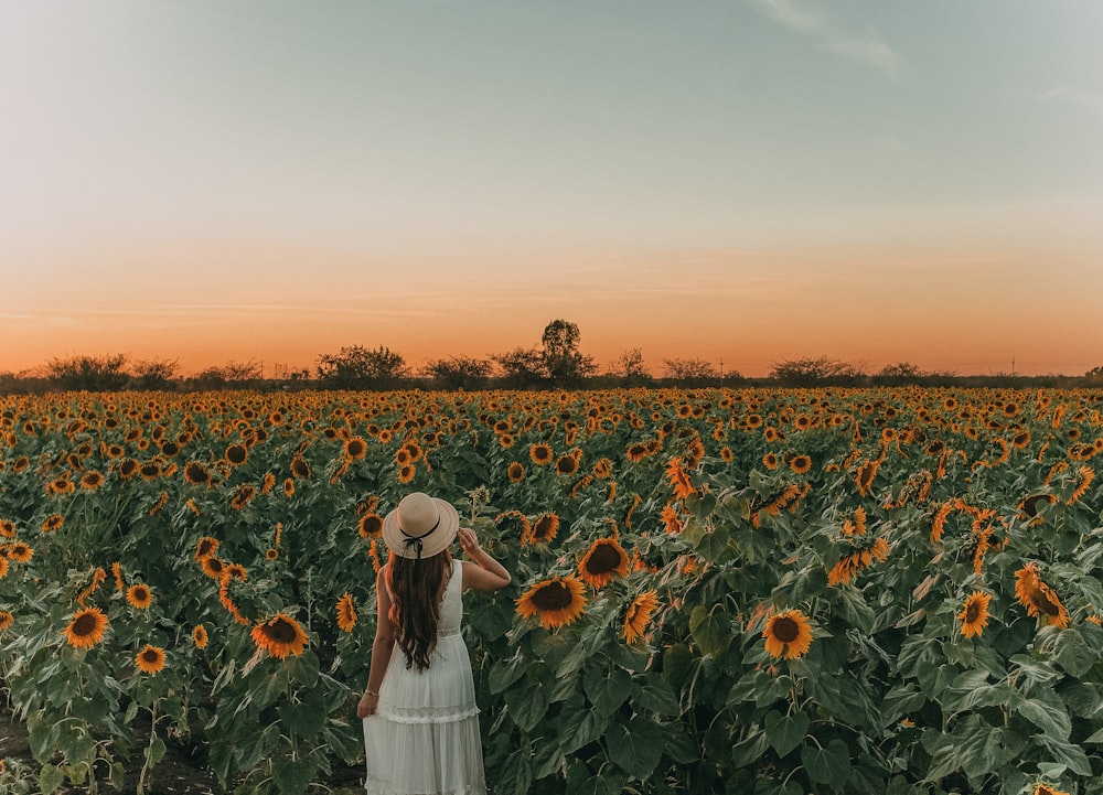 Frau in weißem Kleid steht bei Sonnenuntergang auf Sonnenblumenfeld