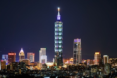 Nighttime cityscape highlighting commercial real estate.