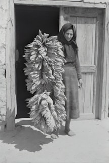 A woman stands barefoot outside a wooden door, wearing a headscarf and traditional clothing. She is holding a large bundle of tobacco leaves hanging from a pole. The setting appears to be rural, with a simple, rustic background.