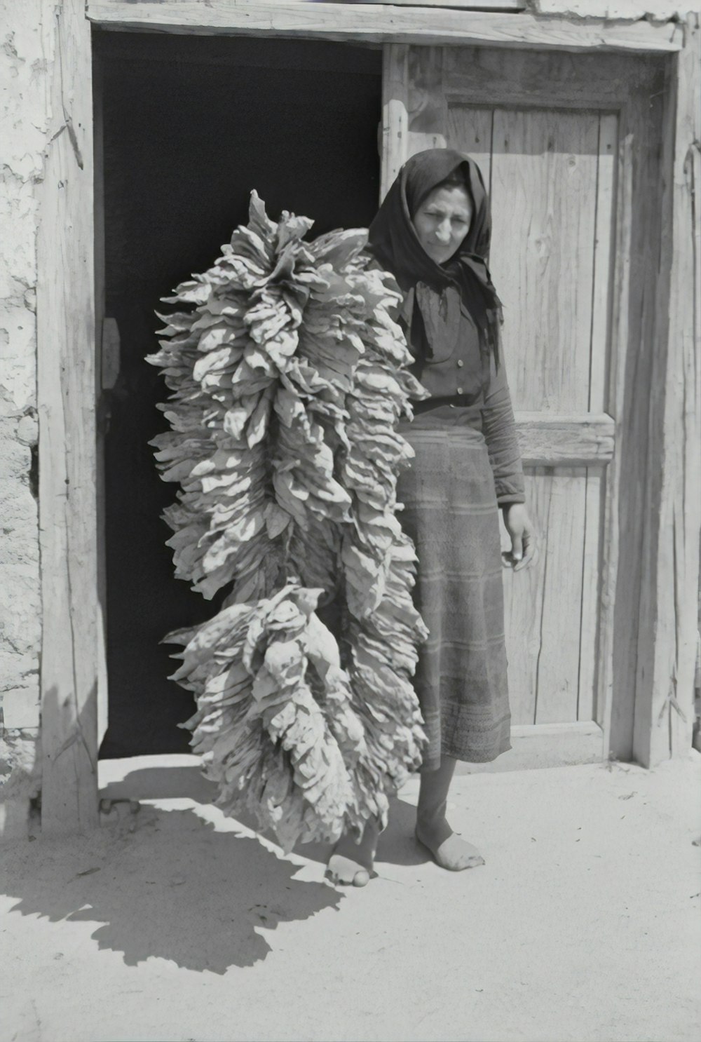 woman in black jacket and white skirt standing beside wooden door