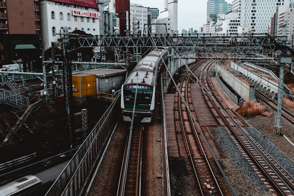 昼間の線路を走る緑と白の列車