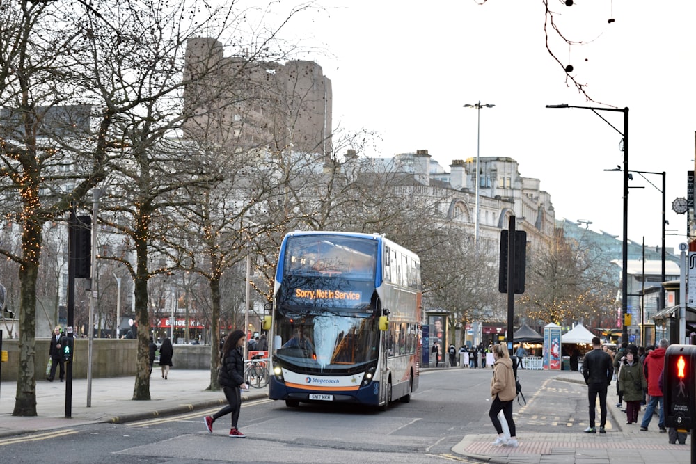 blue bus on road near bare trees during daytime