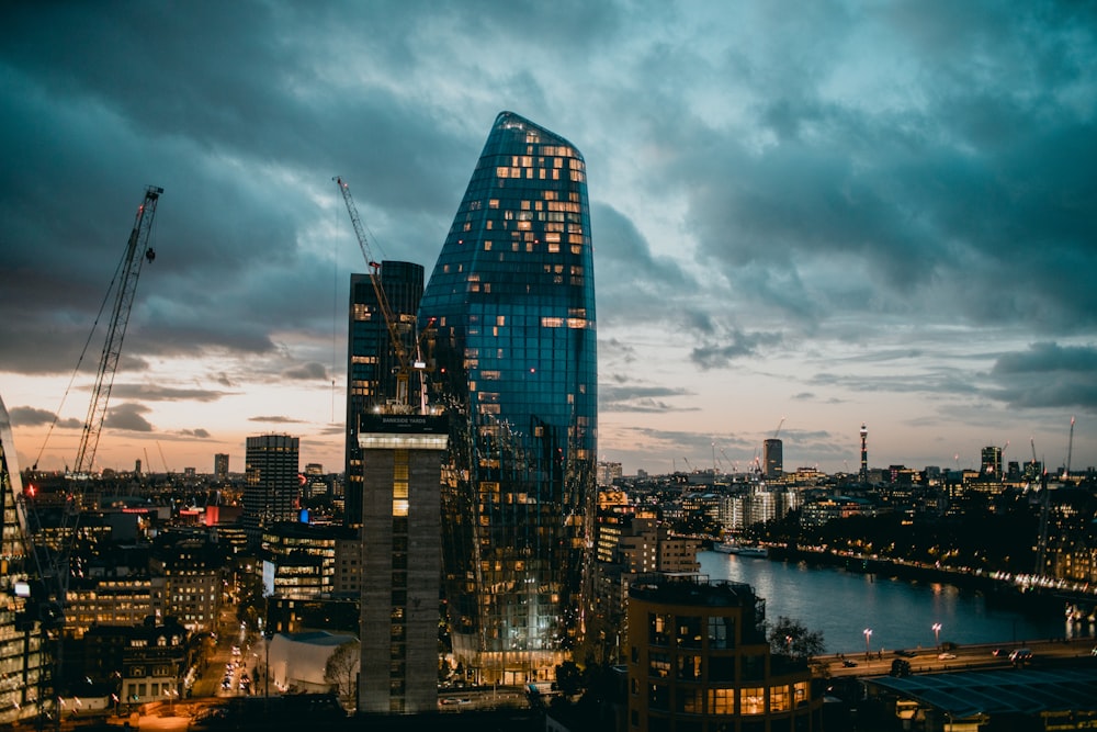 city skyline during night time