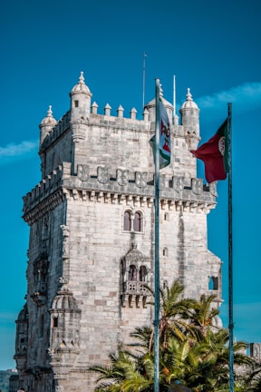 brown concrete building with flags