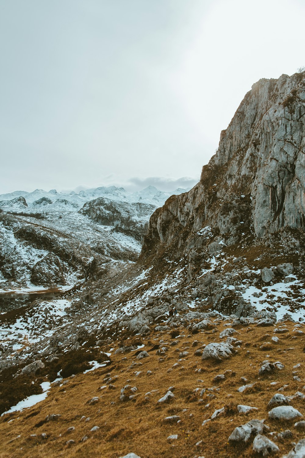 rocky mountain under white sky during daytime