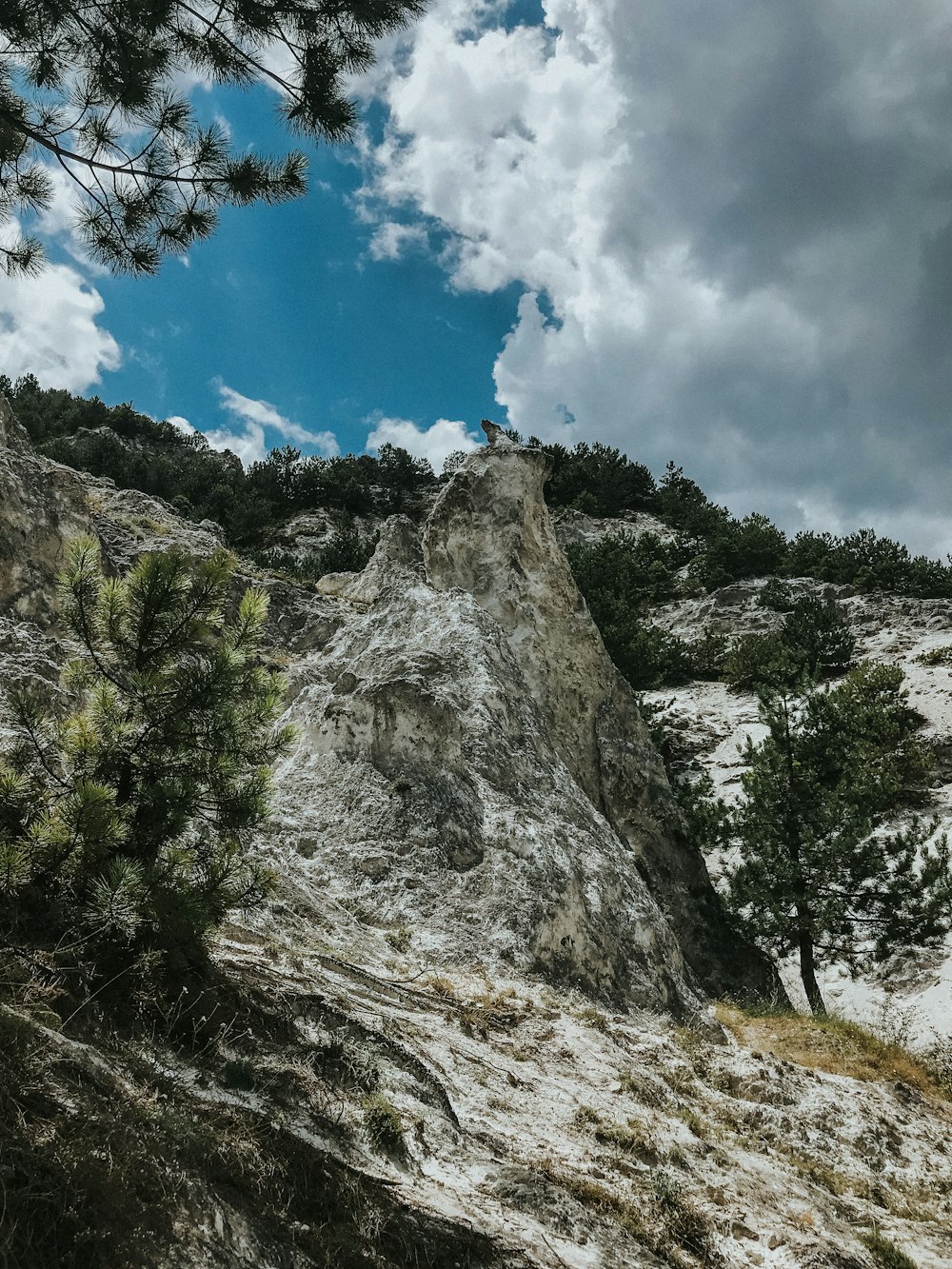 green trees on rocky mountain under blue and white cloudy sky during daytime