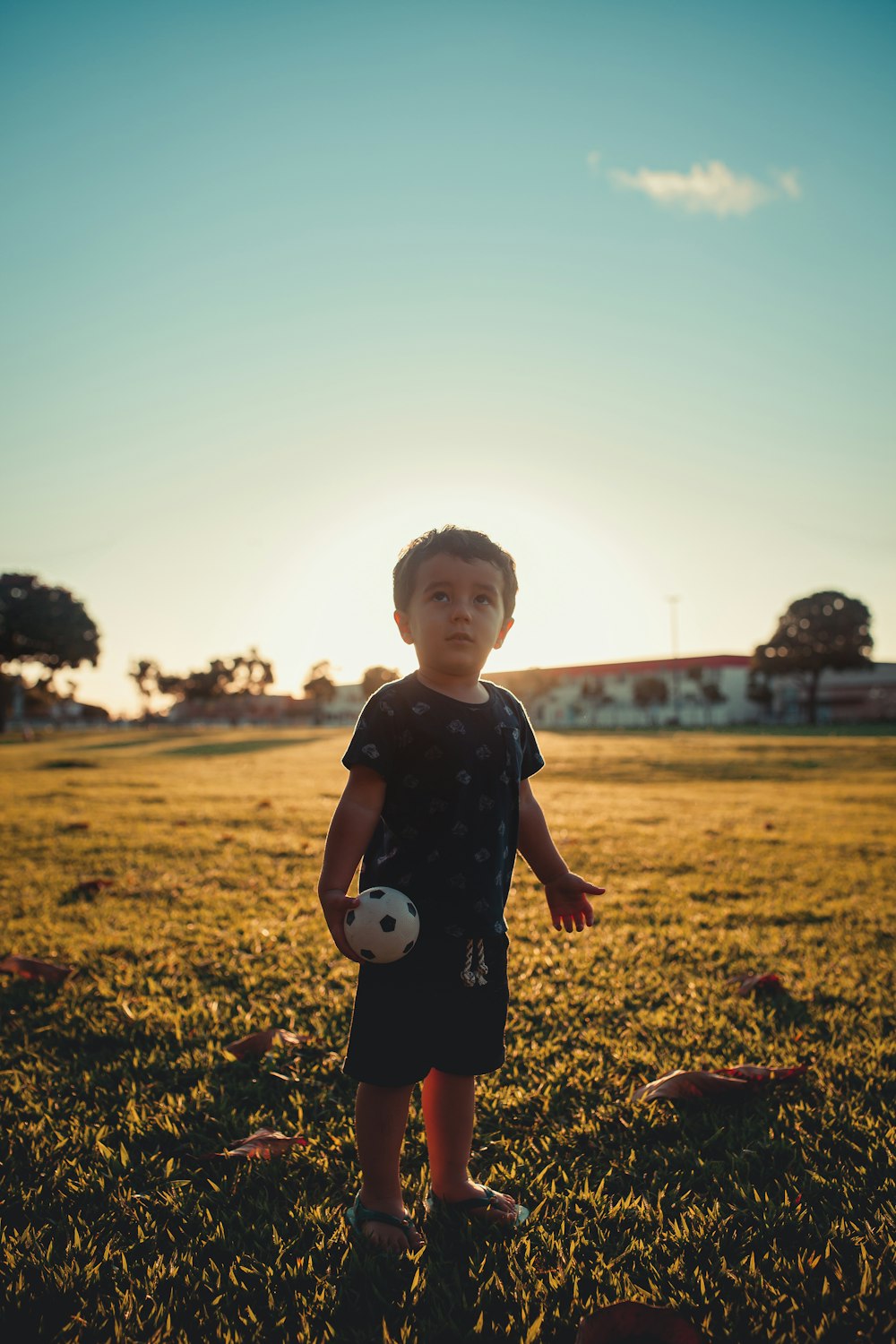 boy in blue crew neck t-shirt standing on green grass field during daytime