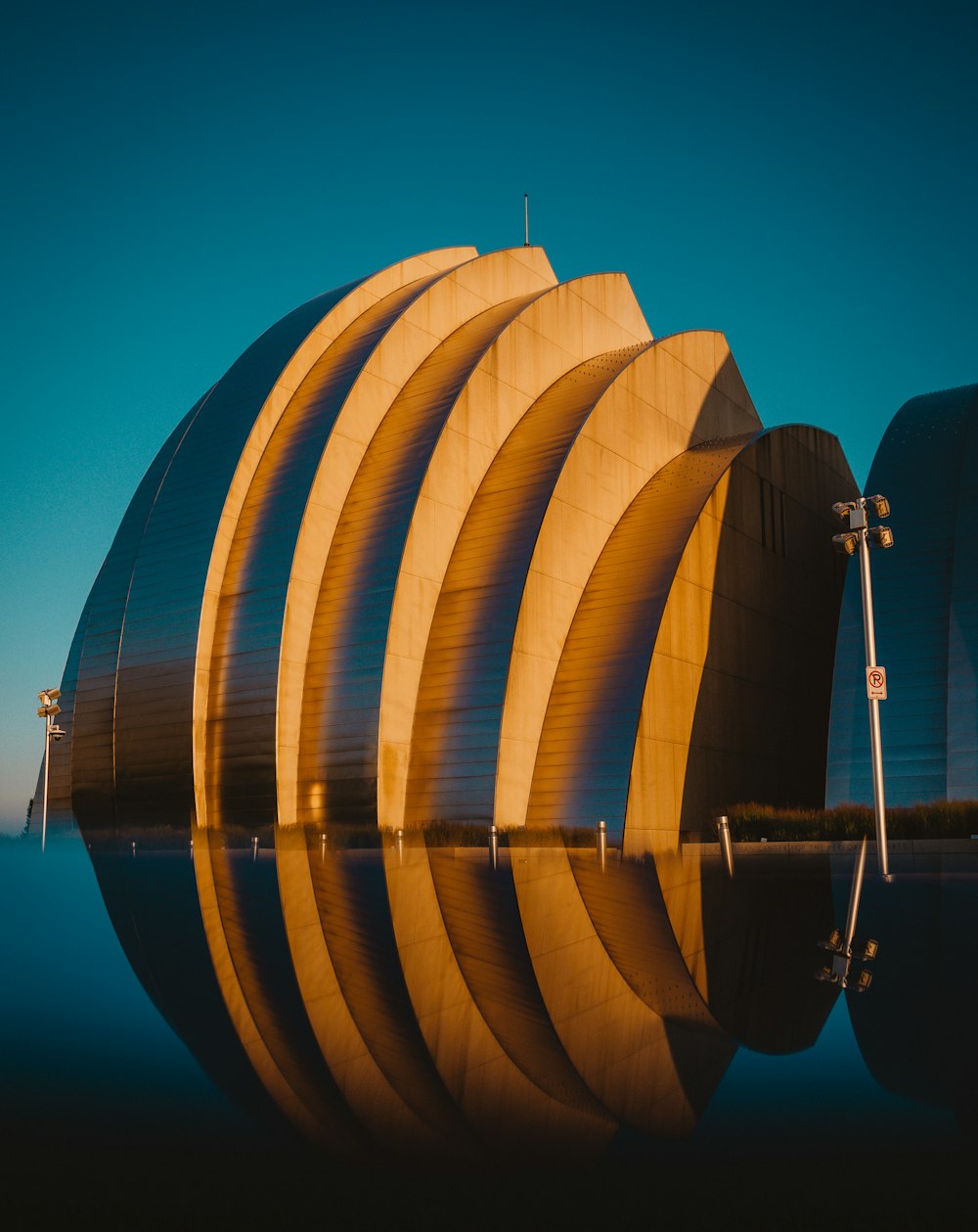 brown and blue round building