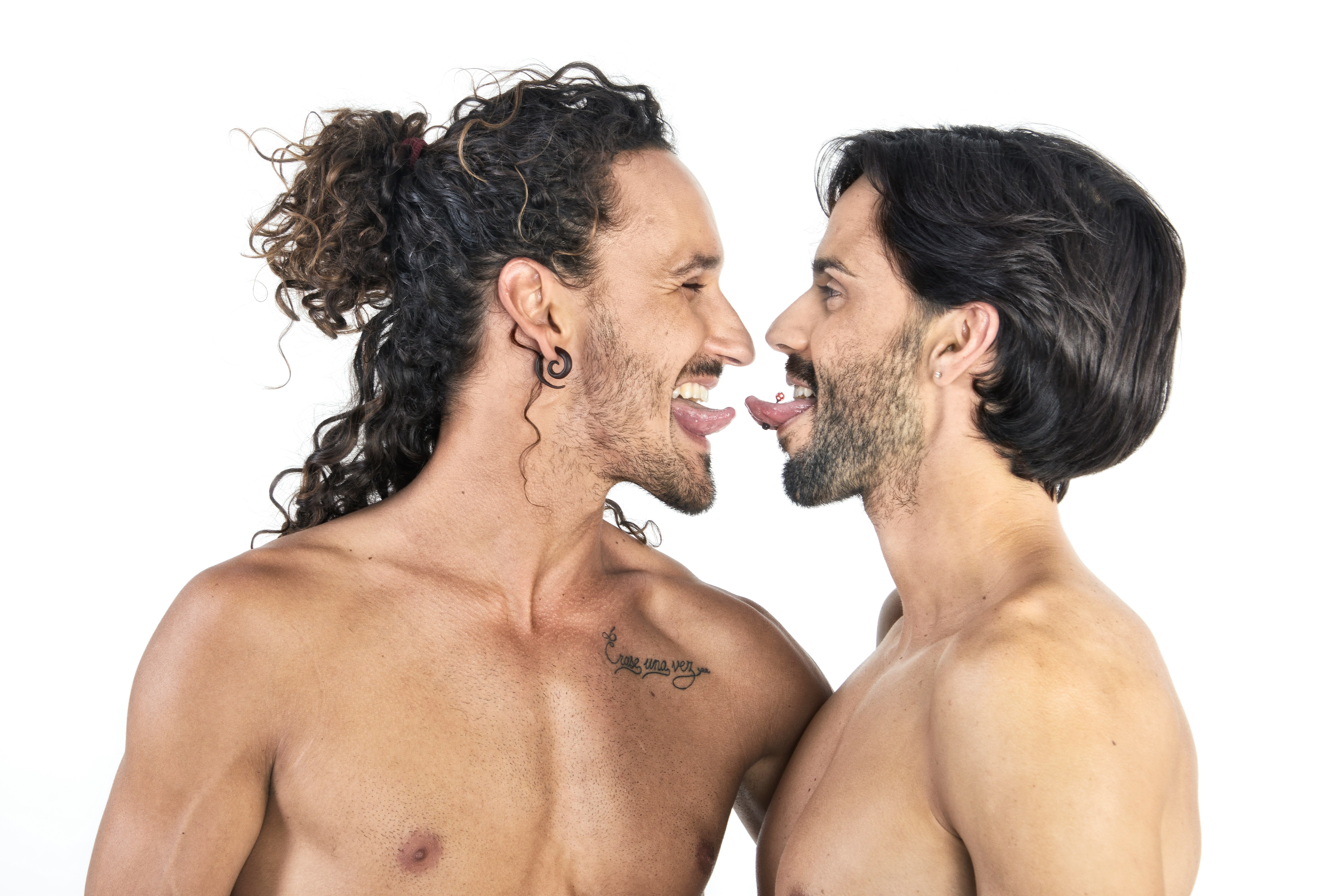 topless man kissing womans cheek