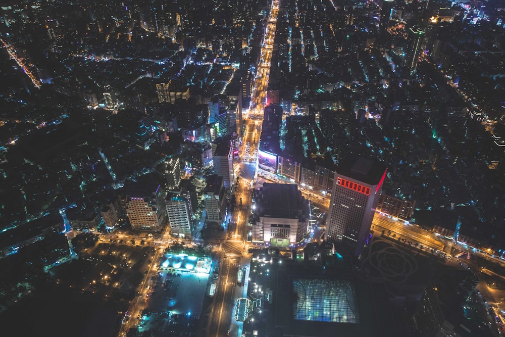 aerial view of city buildings during night time