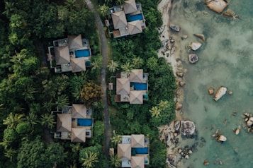 Aerial view of several luxury villas with blue swimming pools nestled in dense green tropical foliage. A winding path runs between the villas and leads to a rocky shoreline with clear, shallow waters.