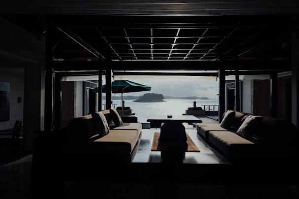 A modern, bright living room in a luxury villa overlooking the Mediterranean Sea in Cyprus.