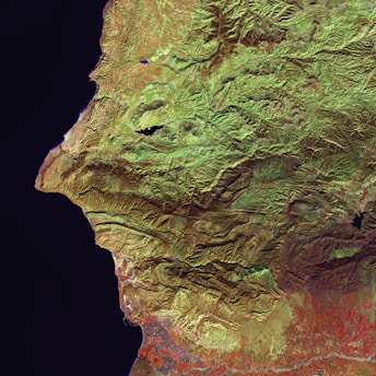 A satellite image that depicts a vast expanse of rugged terrain with visible mountains and valleys. The landscape reveals varying elevations with lush greenery concentrated in some areas, indicating vegetation, while other sections are more barren. The left side is bordered by a dark space representing a large body of water.