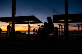 The image captures a scenic sunset with deep hues of orange and blue. Silhouettes of people, including a cyclist with a child, are visible in the foreground. Modern structures and a palm tree are present, emphasizing a coastal promenade.