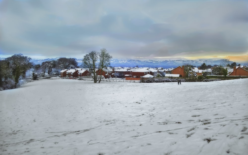 houses on snow covered field under cloudy sky during daytime