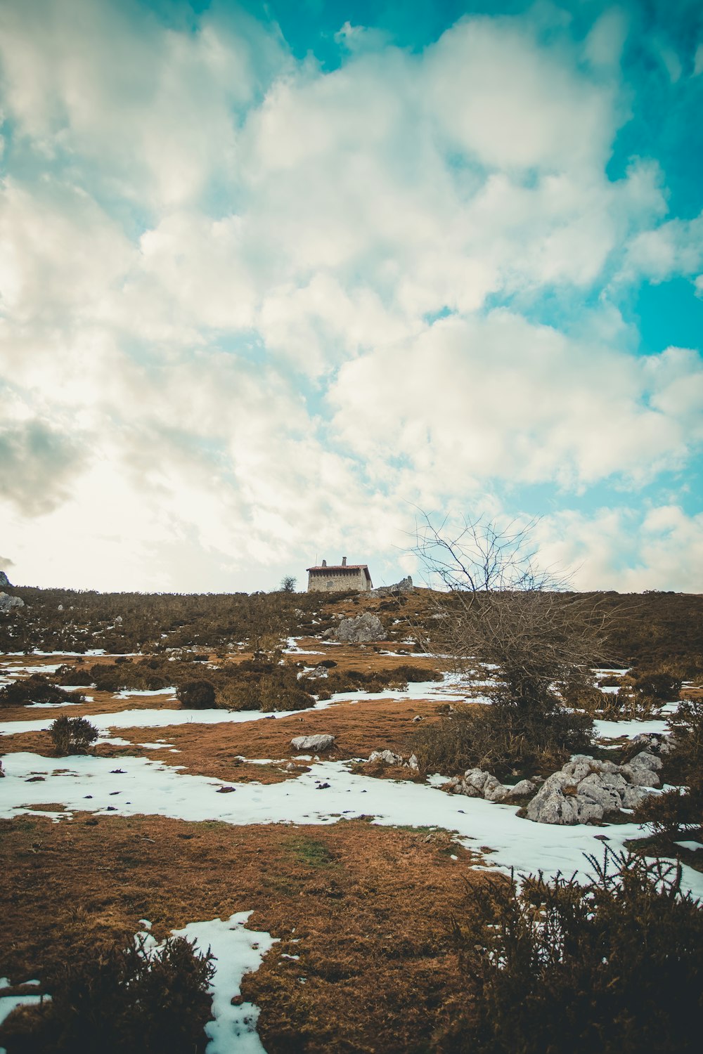 brown house on snow covered ground under blue and white sunny cloudy sky during daytime