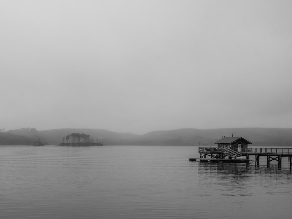 grayscale photo of dock on body of water