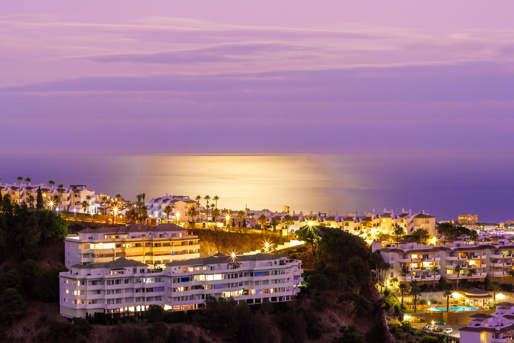 city with high rise buildings during night time