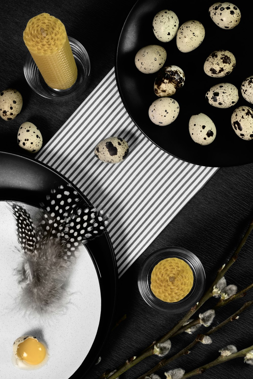 black and white polka dot plate with stainless steel fork and knife