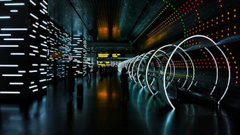 black and white tunnel with lights