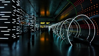 black and white tunnel with lights