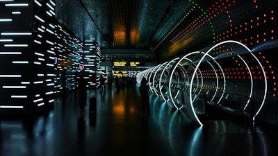 black and white tunnel with lights