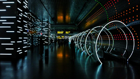 black and white tunnel with lights