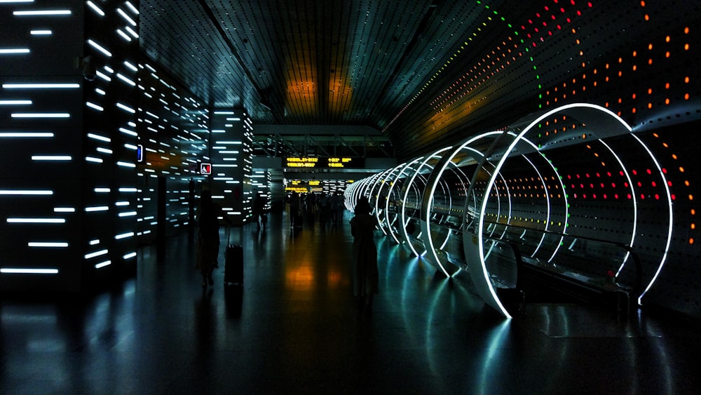 black and white tunnel with lights