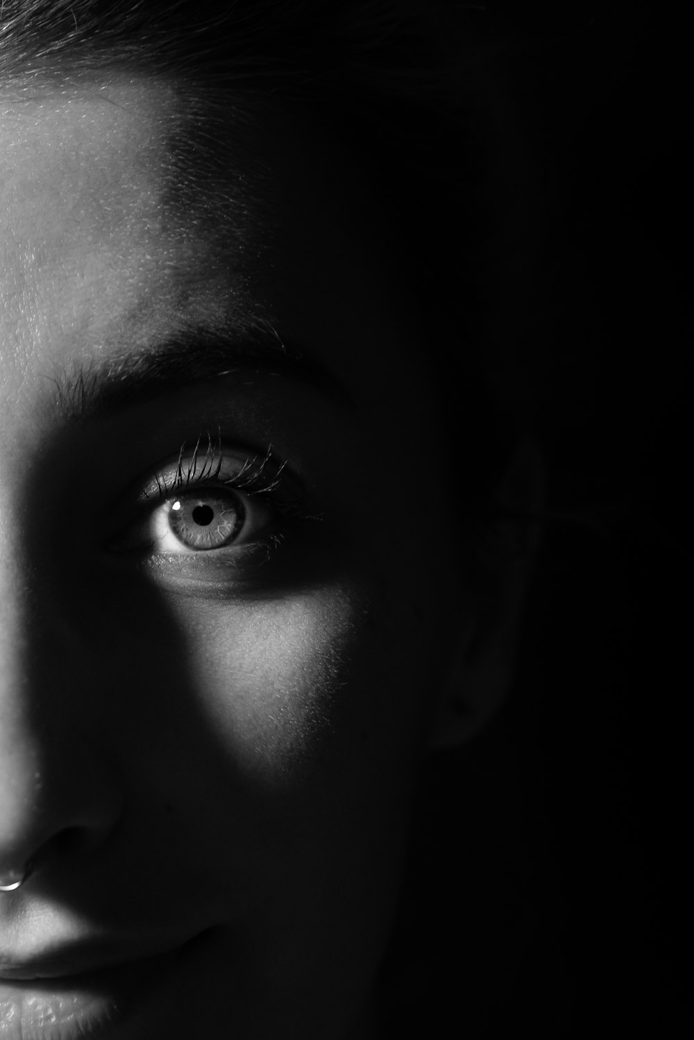 grayscale photo of persons eye
