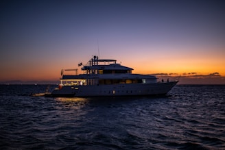 white ship on sea during sunset