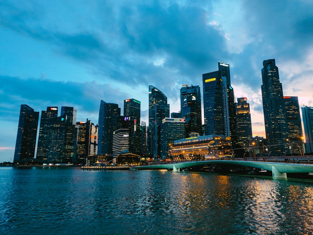 city skyline across body of water during night time