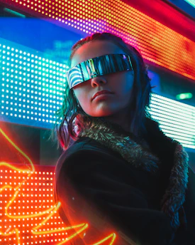 Futuristic streetwear outfit illuminated by electric red glow under city lights.