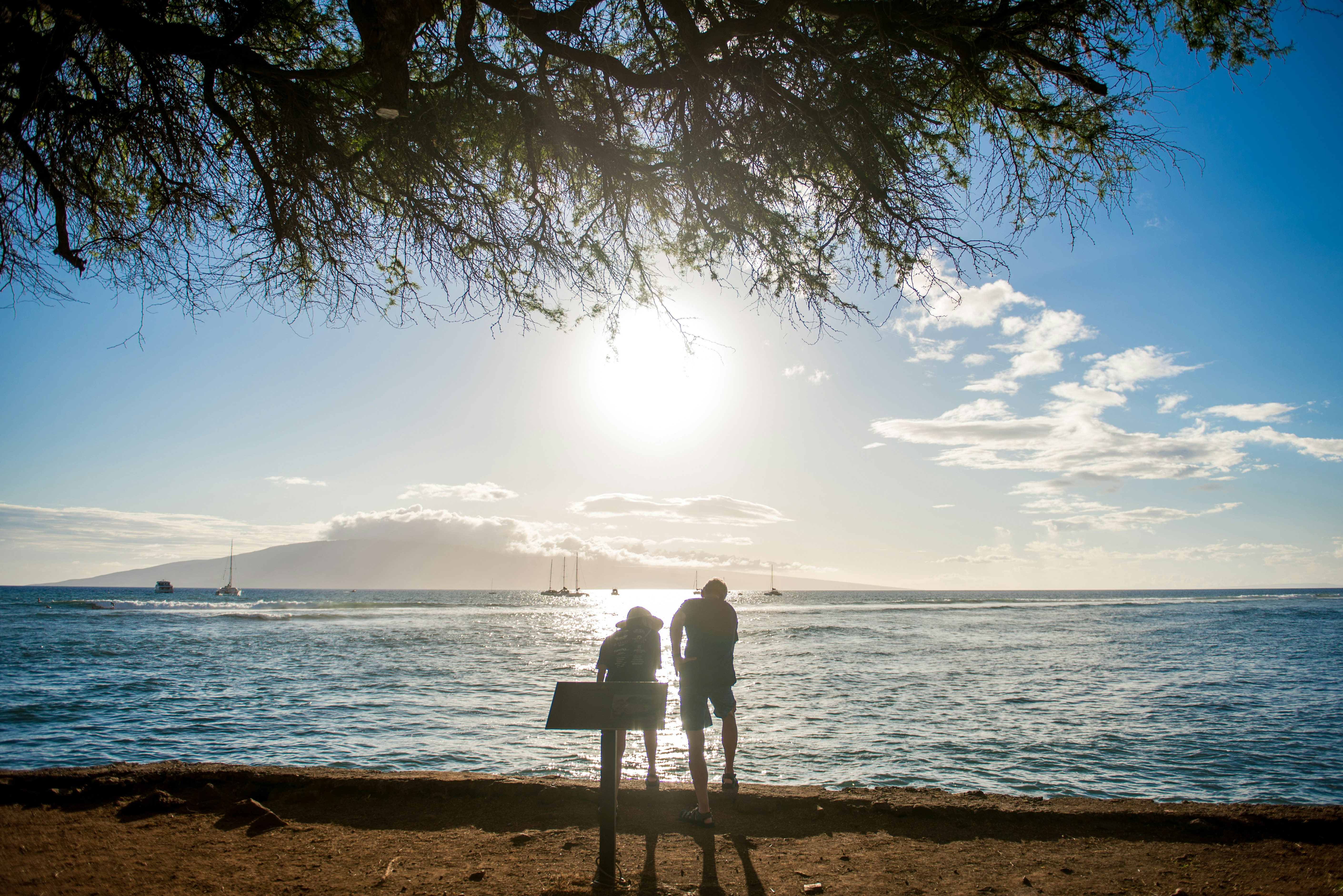 couple standing on wooden bench near body of water during daytime