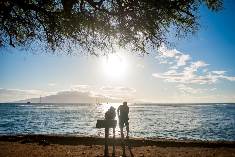 couple standing on wooden bench near body of water during daytime