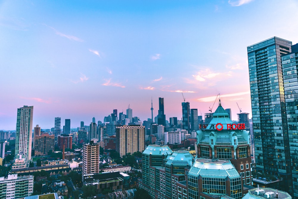 a view of a city with tall buildings